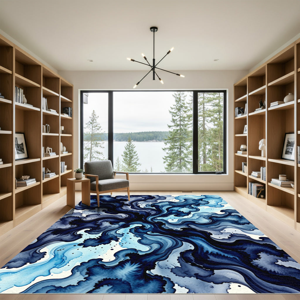 Fluid Navy Blue Abstract Swirl Rug