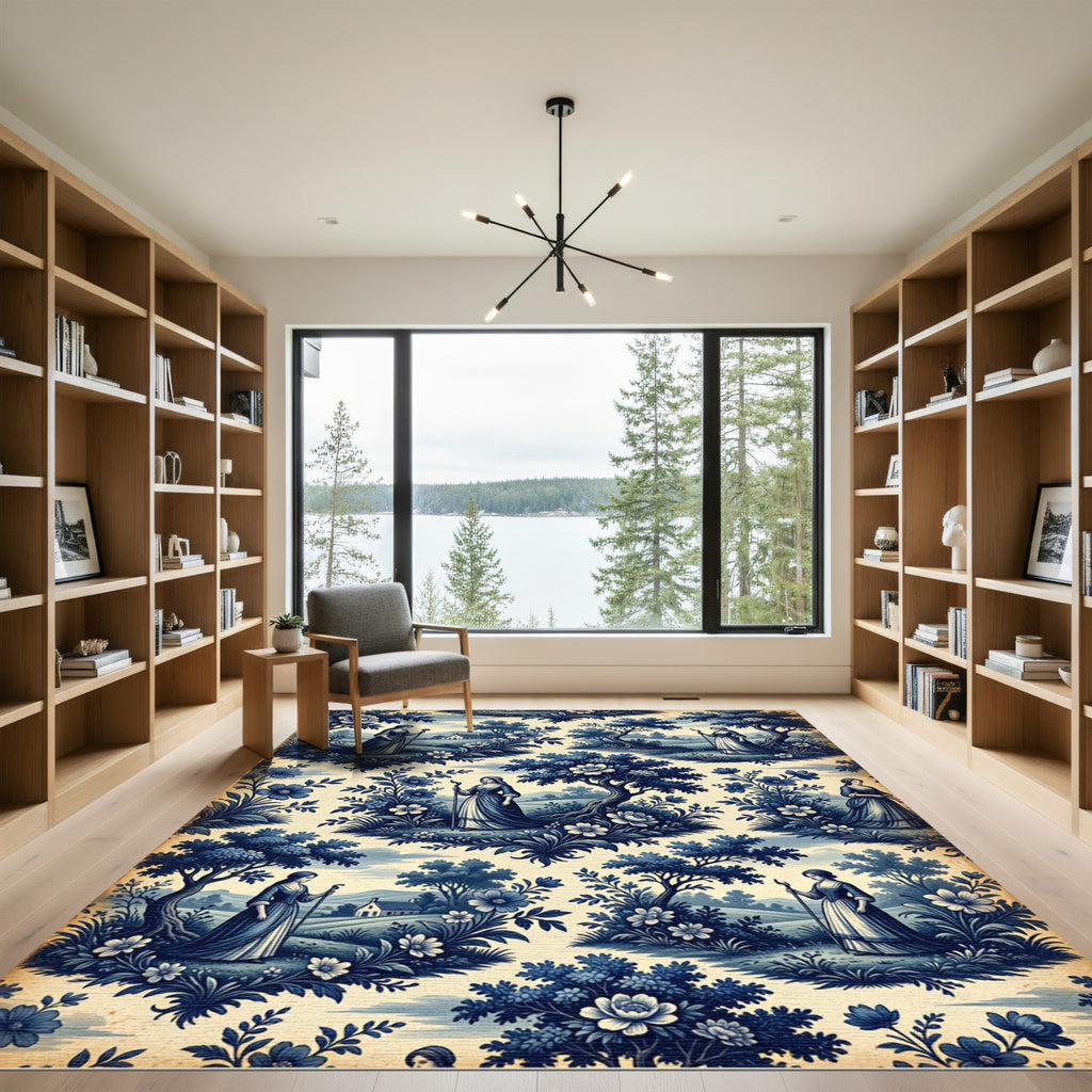 Blue White Pastoral Landscape Scene Rug
