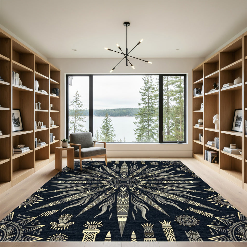Celestial Golden Sunburst Dark Lunar Medallion Rug