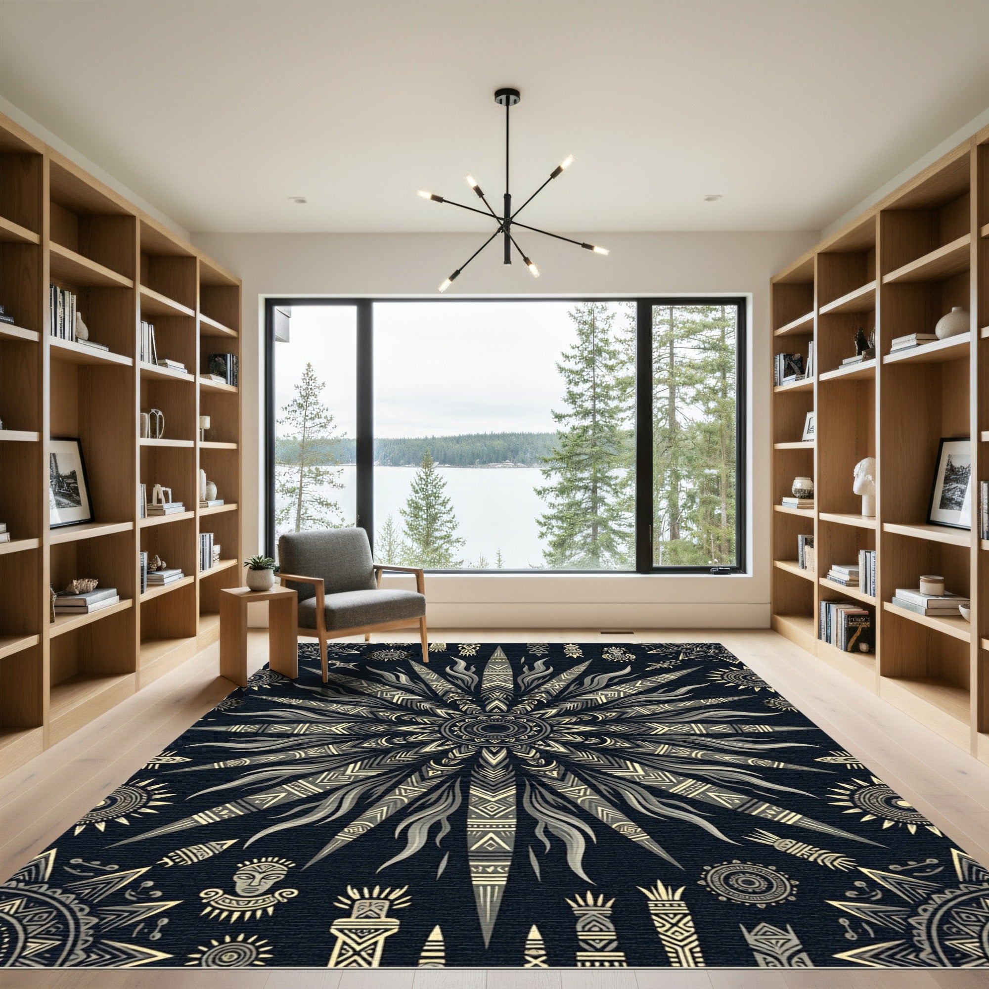 Celestial Golden Sunburst Dark Lunar Medallion Rug