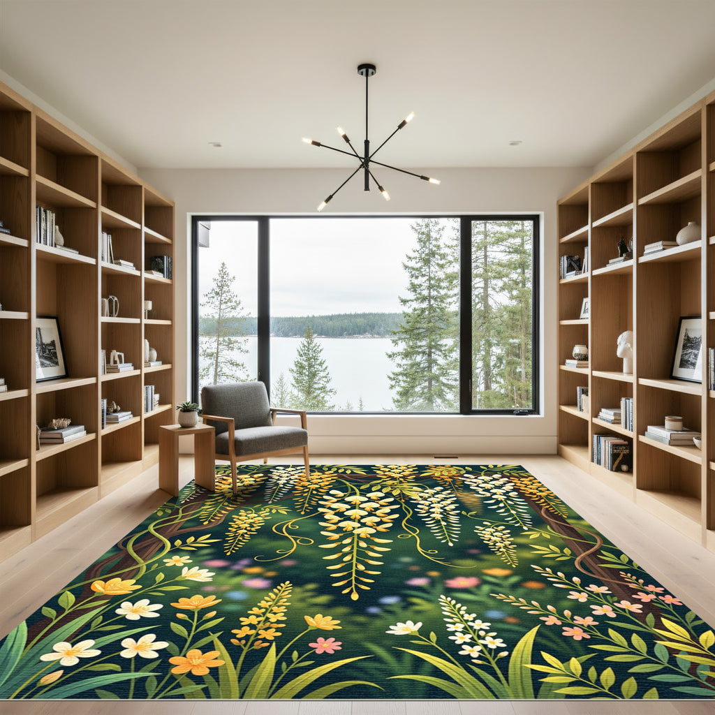 Lush Golden Wisteria Floral Trellis Rug