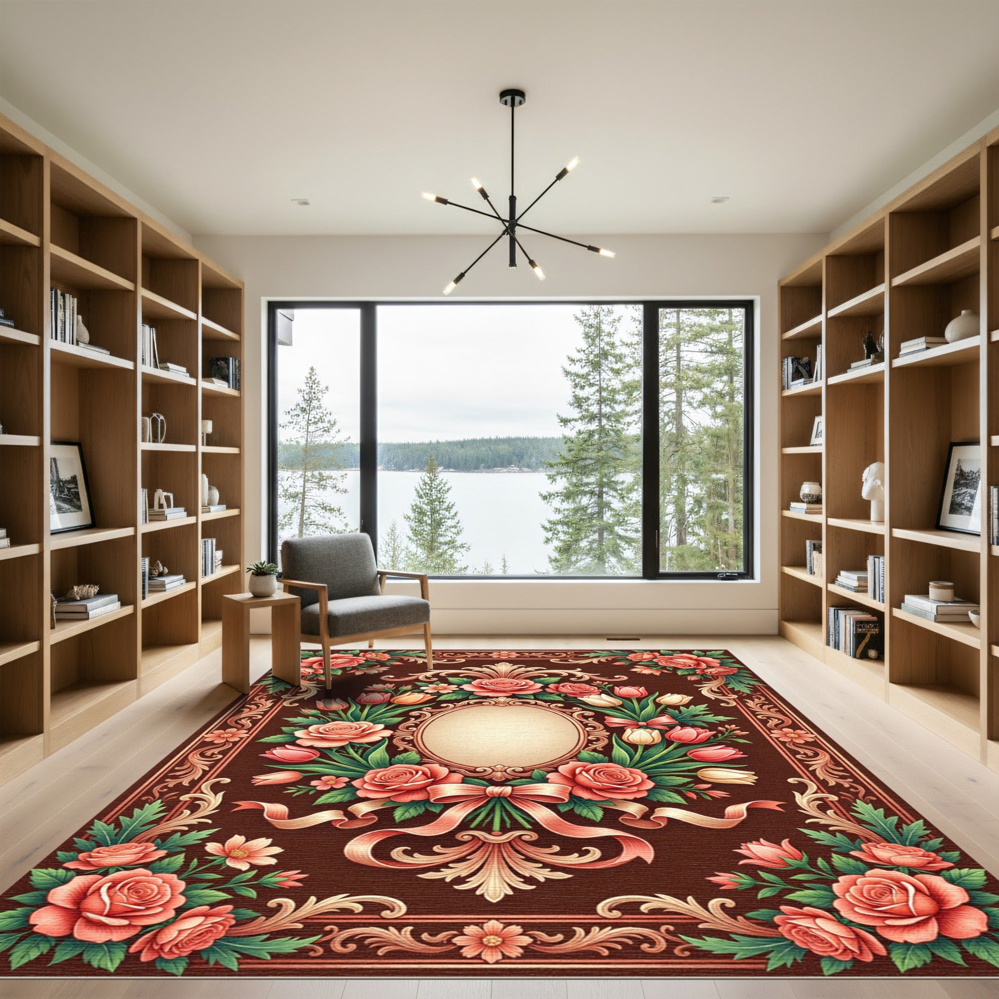 Elegant Rose and Tulip Baroque Frame Rug