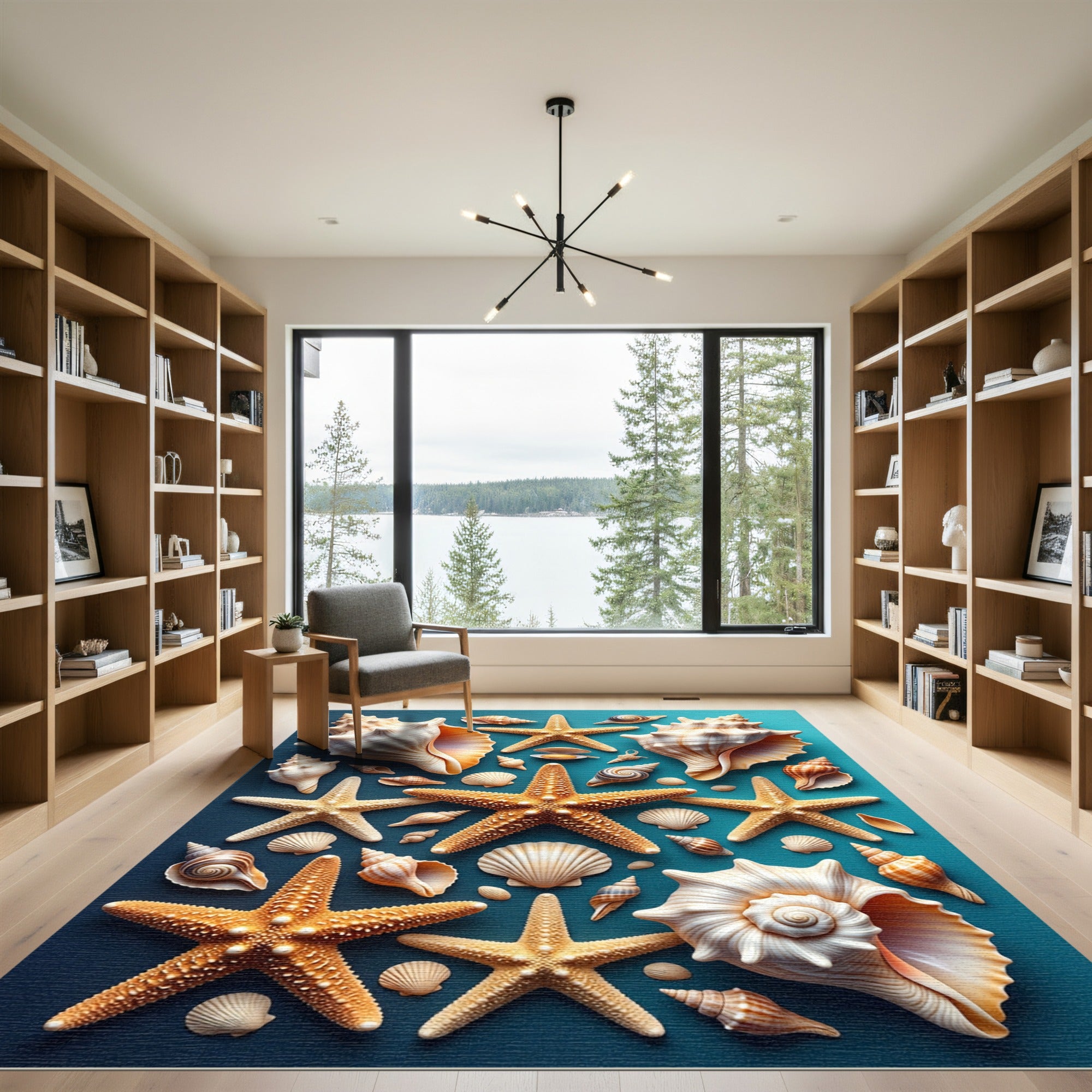 Coastal Seashell and Starfish Marine Motif Rug