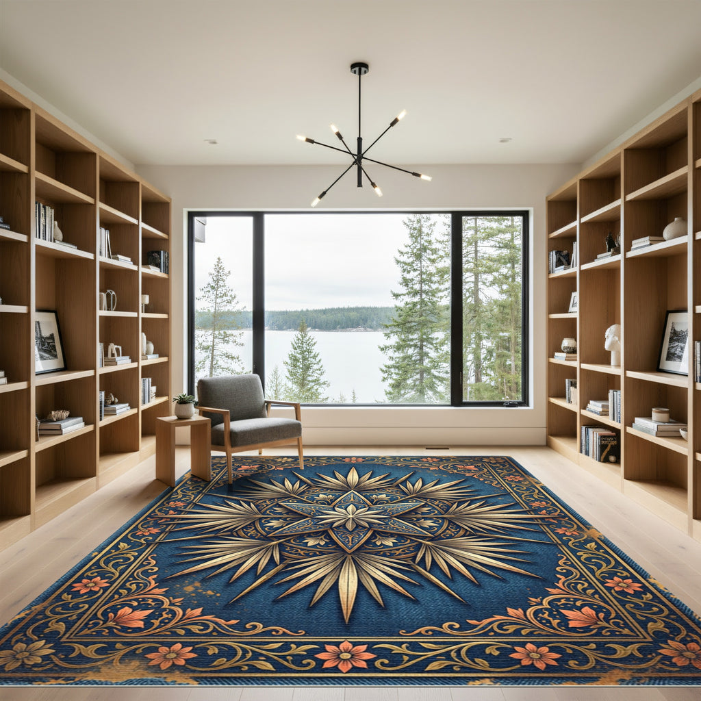 Ornate Navy Gold Starburst Medallion Rug