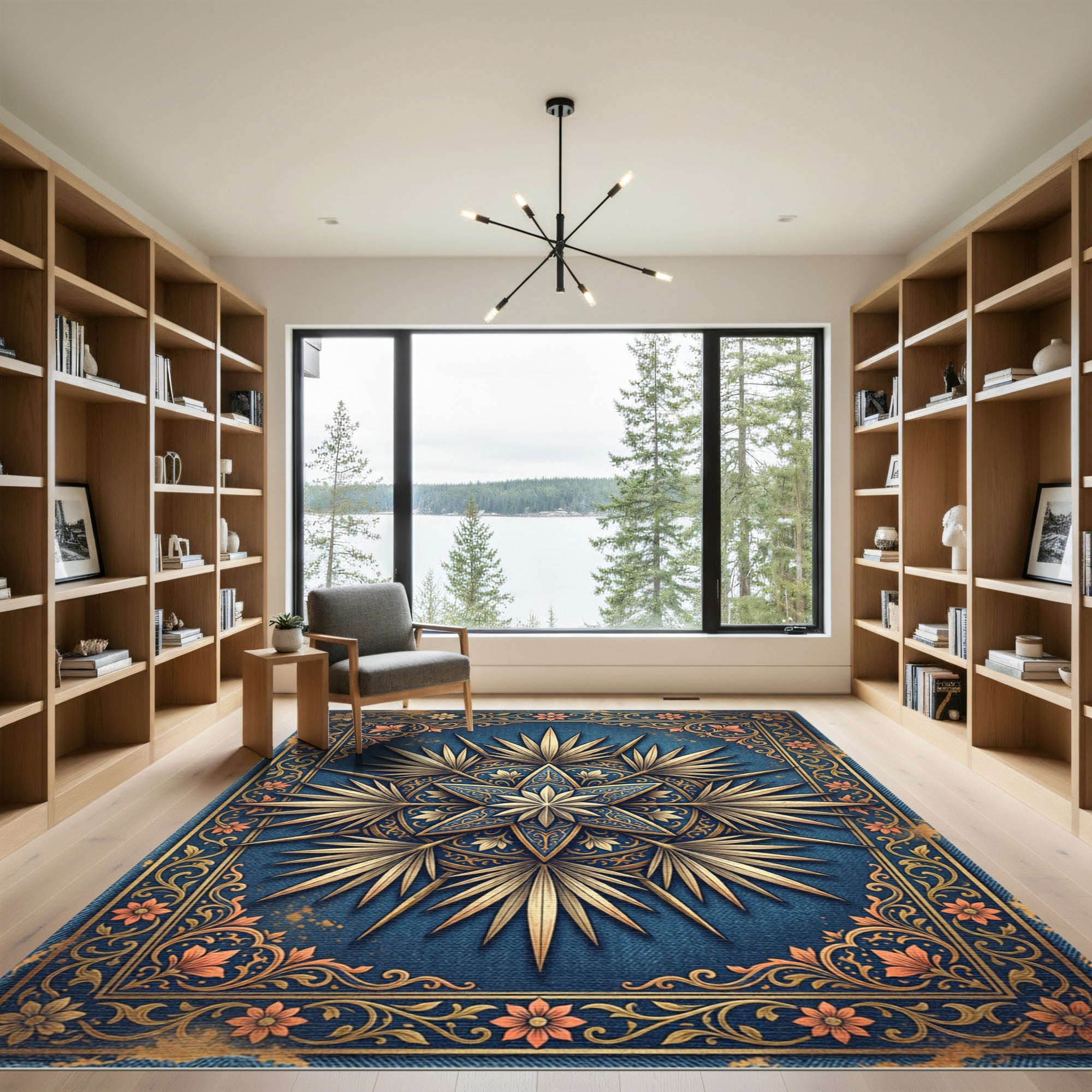 Ornate Navy Gold Starburst Medallion Rug