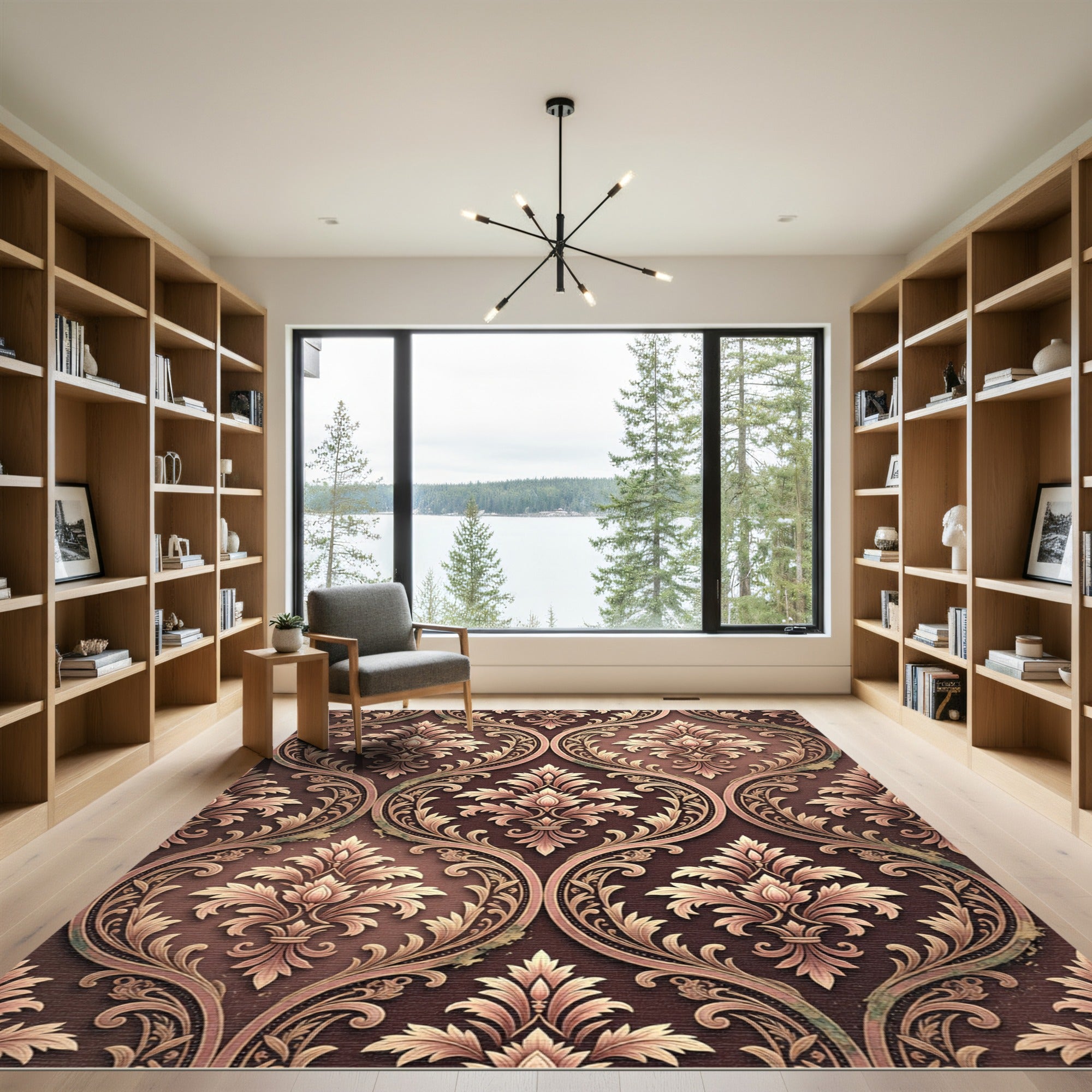 Damask Chocolate and Rose Gold Scroll Rug