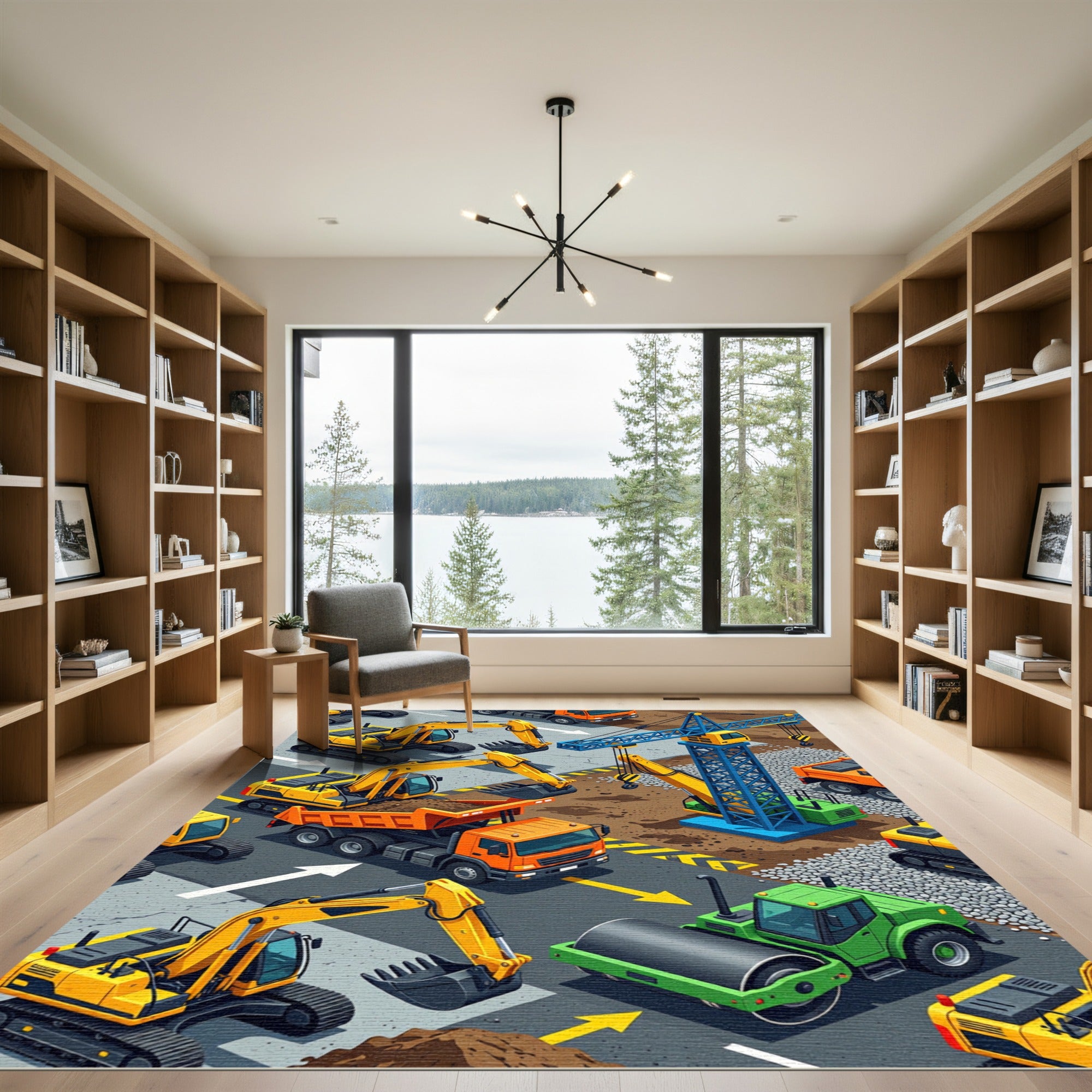 Dynamic Yellow Construction Site Scene Rug