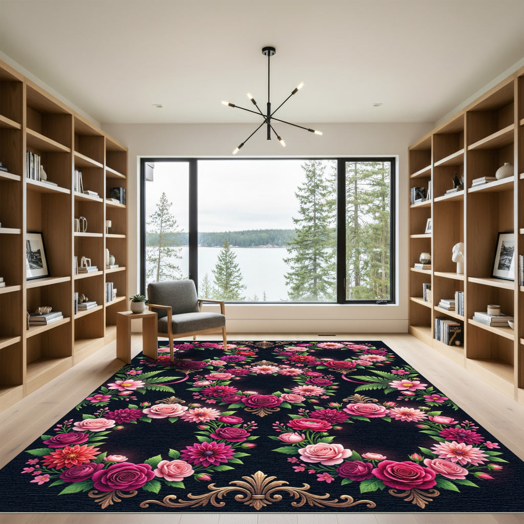 Elegant Pink Rose Floral Wreath Rug