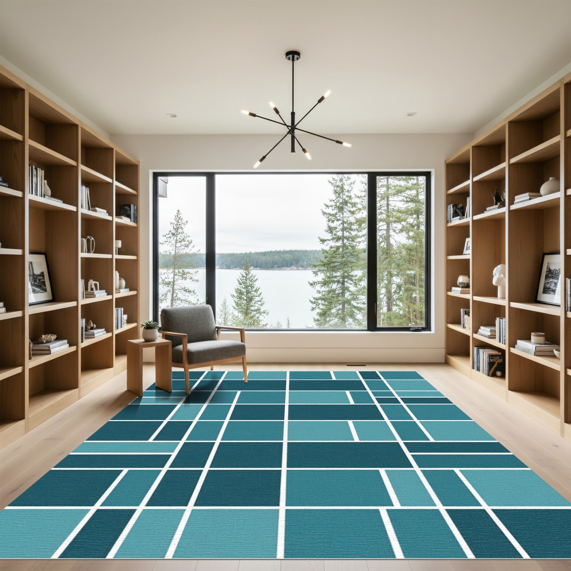 Teal Blue Geometric Grid Rug