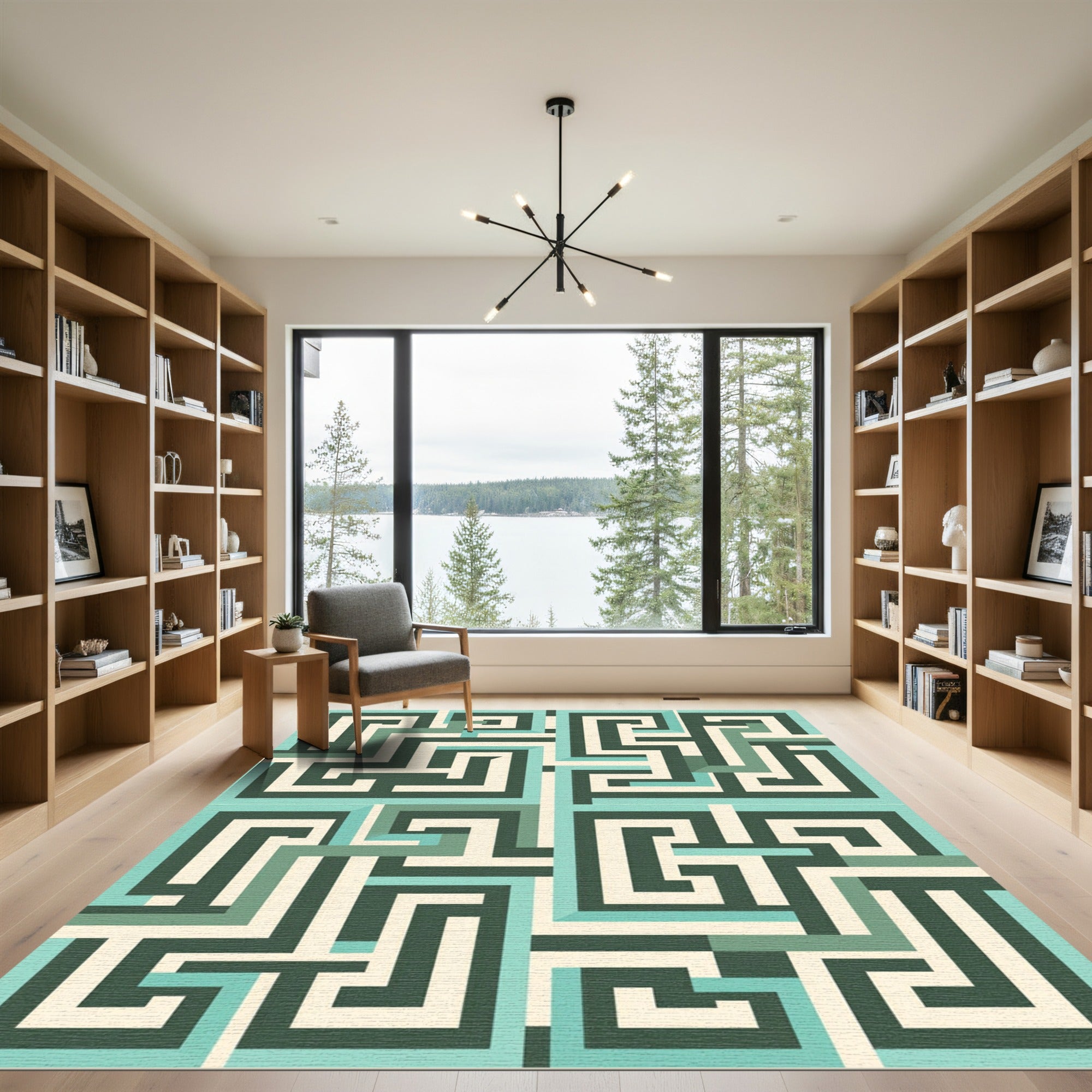 Geometric Teal and Cream Labyrinth Rug