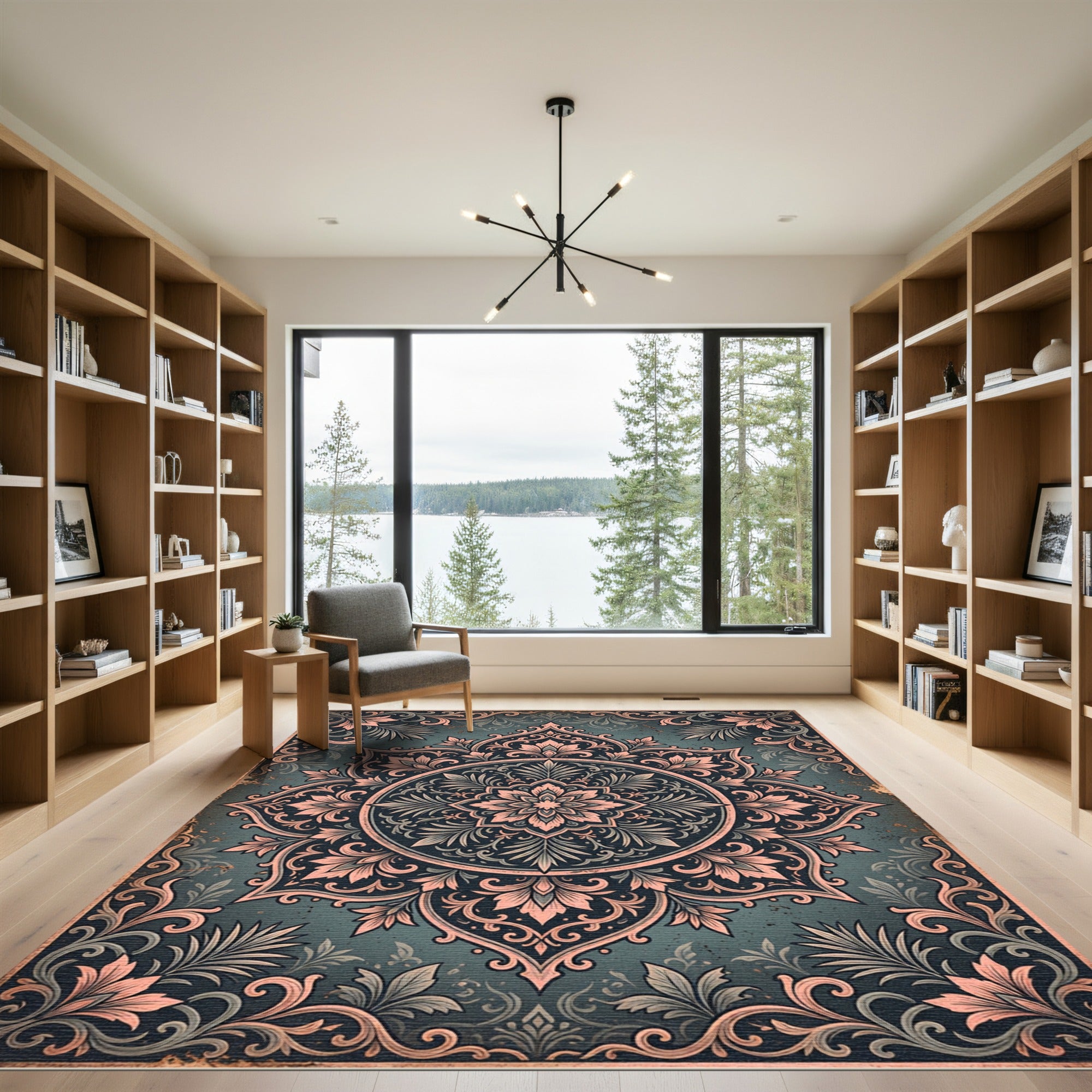 Deep Teal Rose Medallion Floral Rug