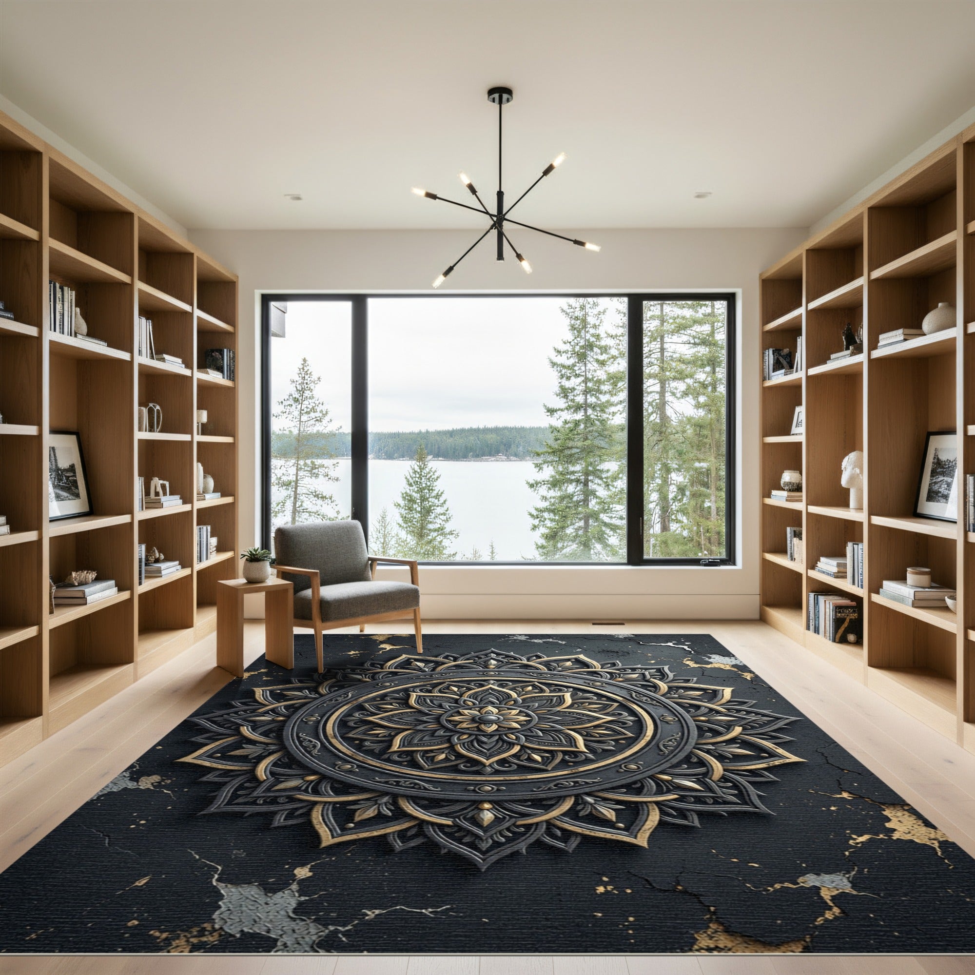 Elegant Black Gold Metallic Mandala Rug