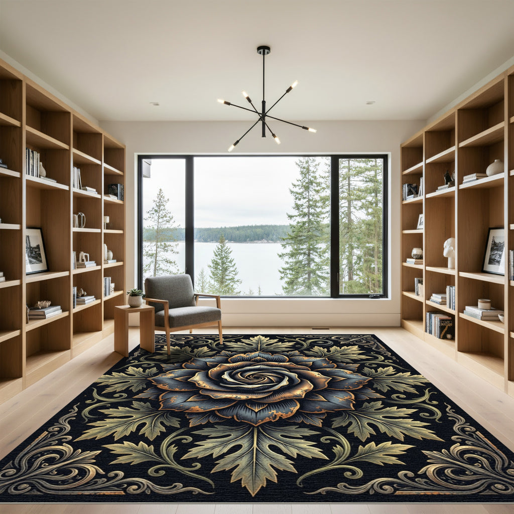 Gilded Dark Rose Botanical Scroll Ornament Rug