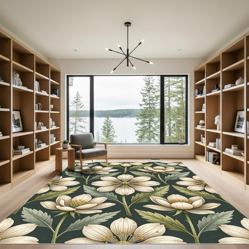 Elegant Cream Anemone Botanical Dark Sage Rug