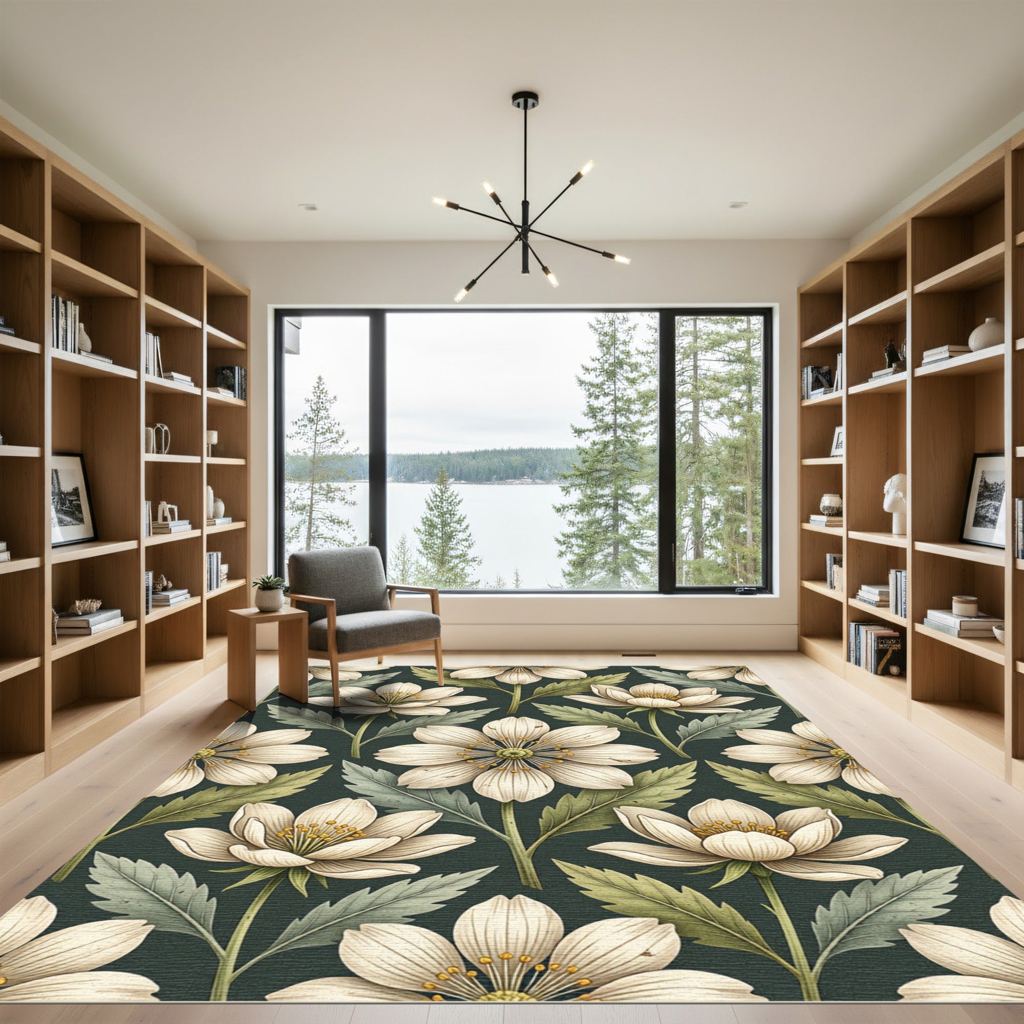 Elegant Cream Anemone Botanical Dark Sage Rug