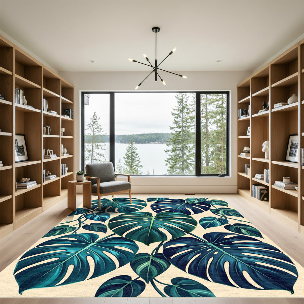 Lush Teal Tropical Monstera Foliage Rug