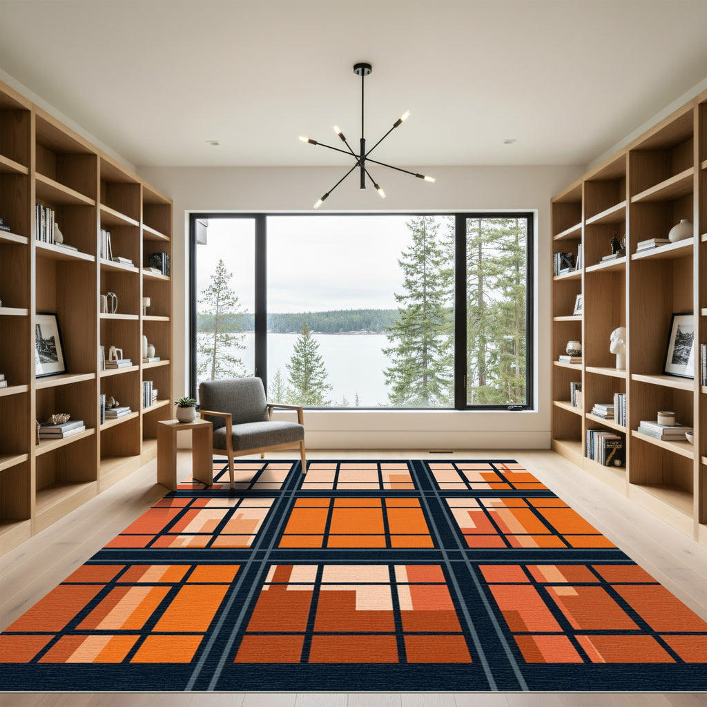 Modern Geometric Sunset Orange Grid Rug
