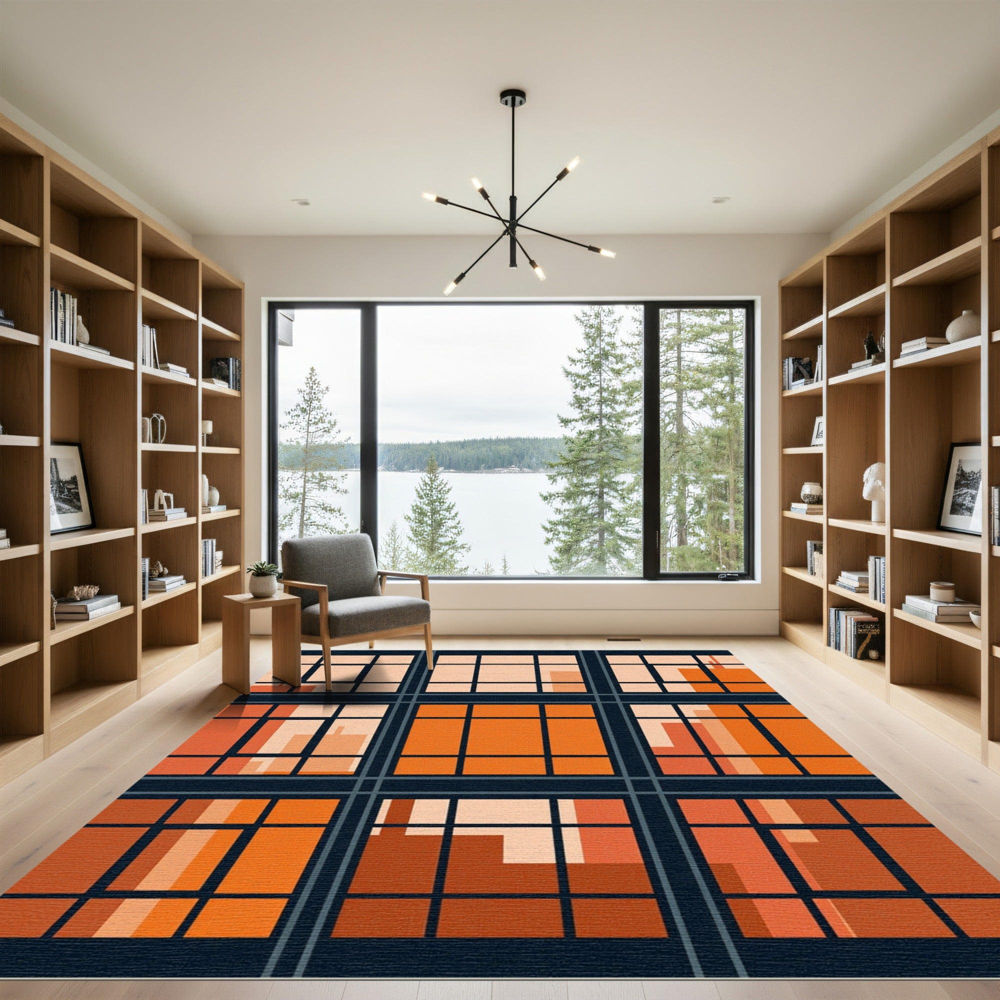 Modern Geometric Sunset Orange Grid Rug
