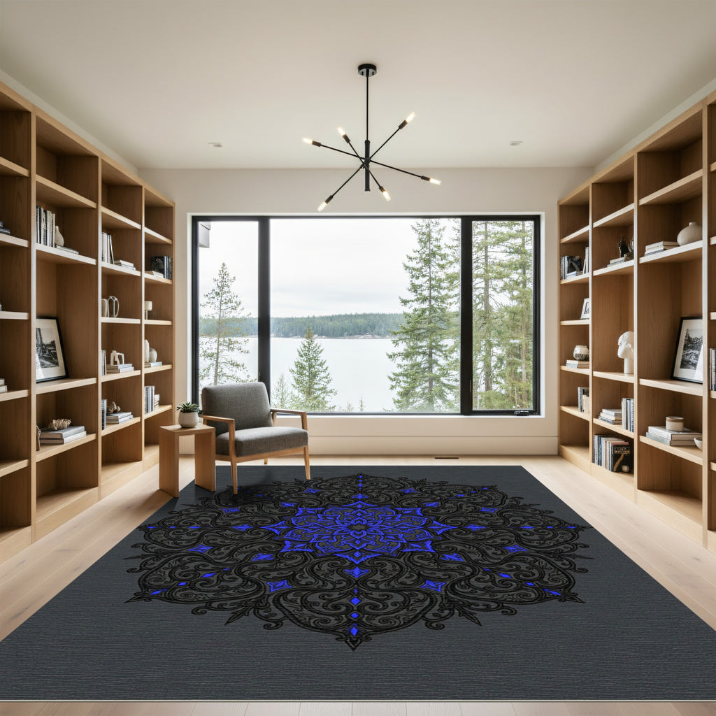 Intricate Electric Blue Scroll Medallion Rug