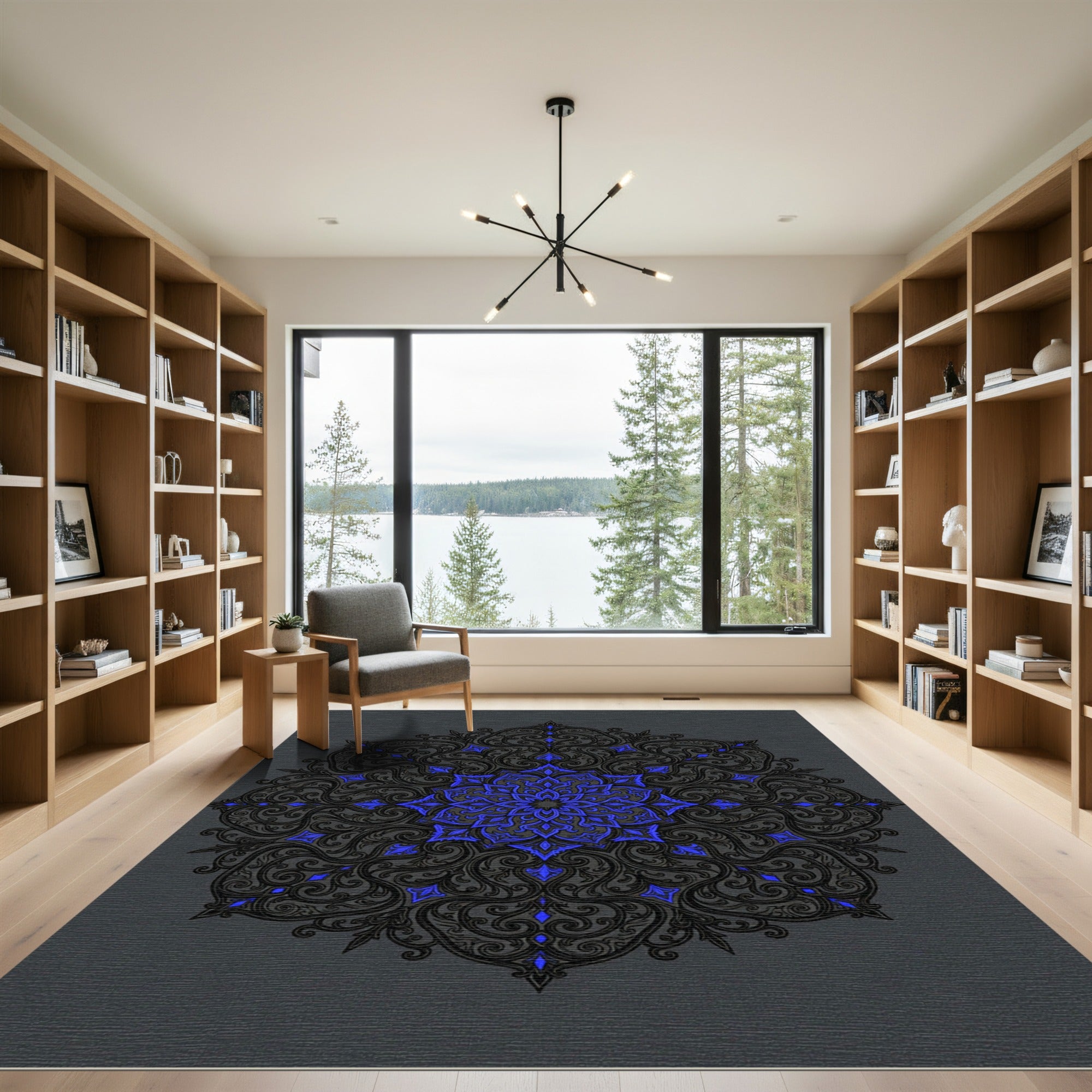 Intricate Electric Blue Scroll Medallion Rug