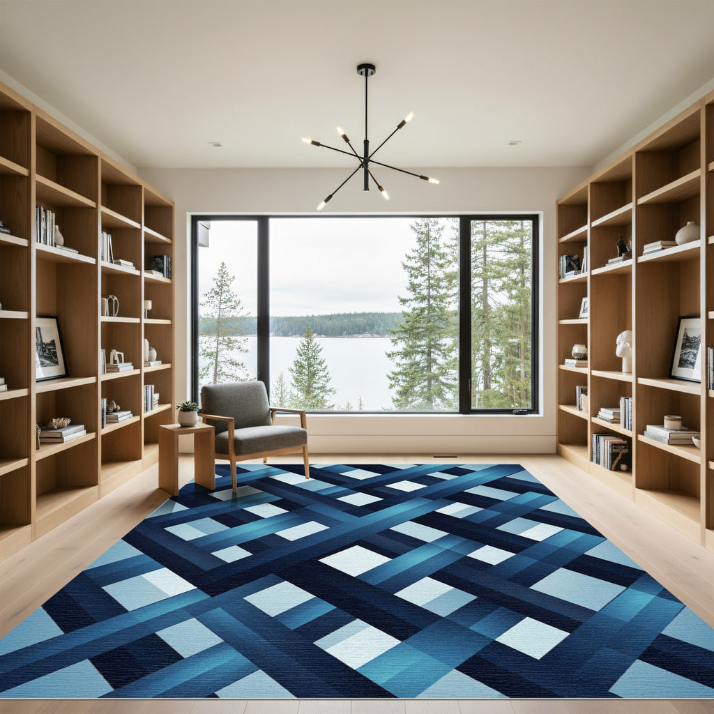 Modern Navy Blue Geometric Interwoven Rug
