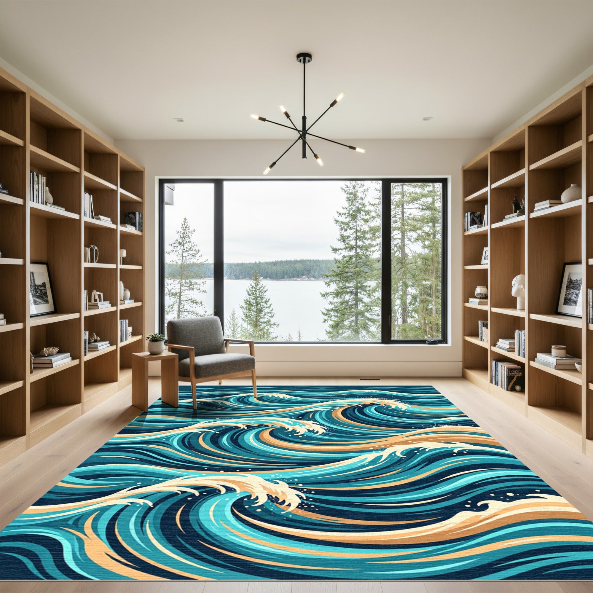 Dynamic Teal and Golden Ocean Swell Rug