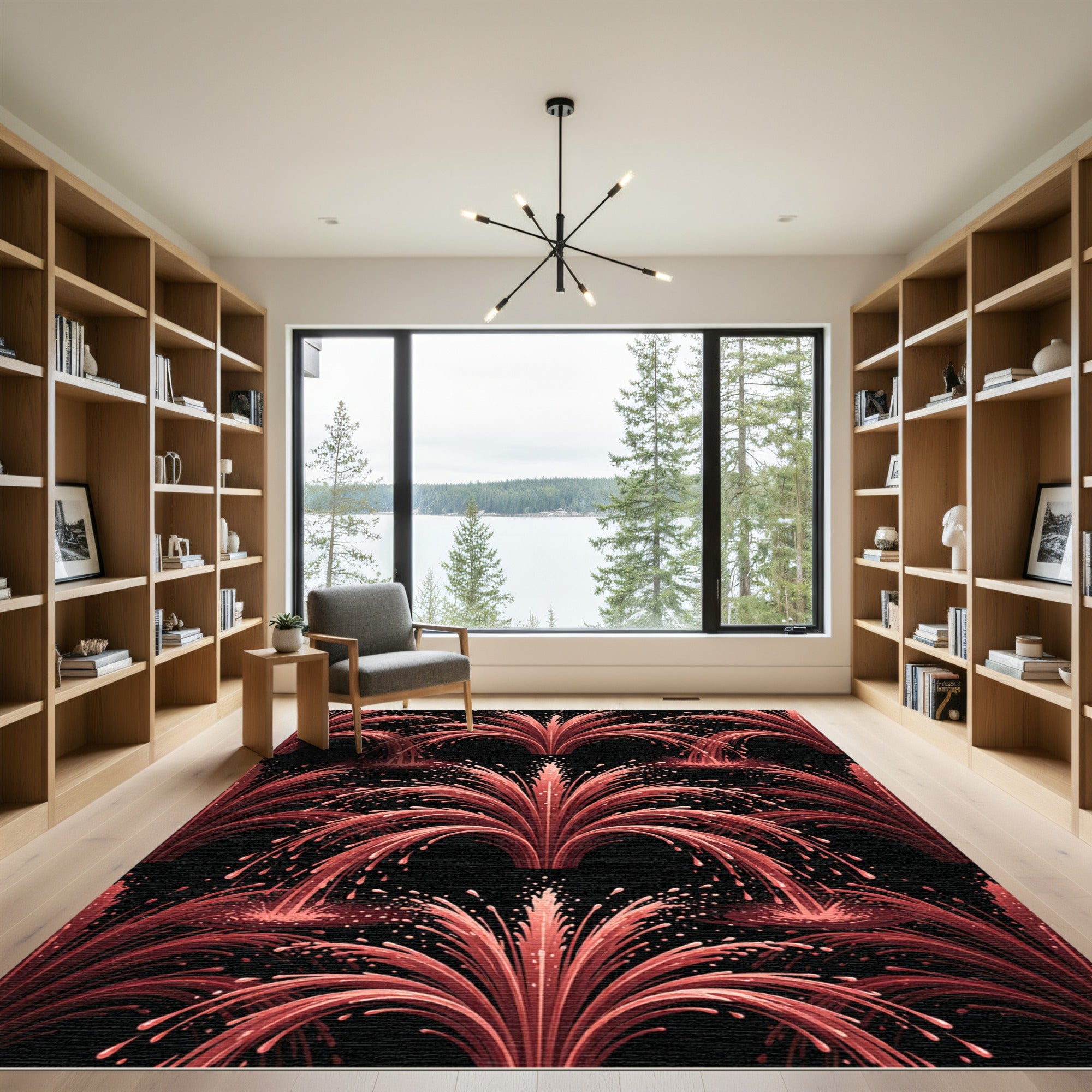 Red Art Deco Fountain Accent Rug