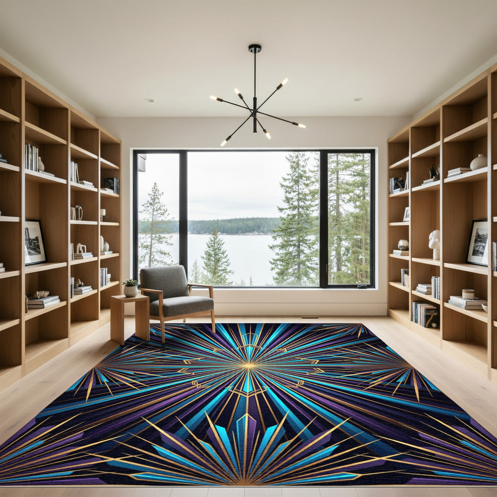 Vibrant Blue Gold Art Deco Starburst Rug