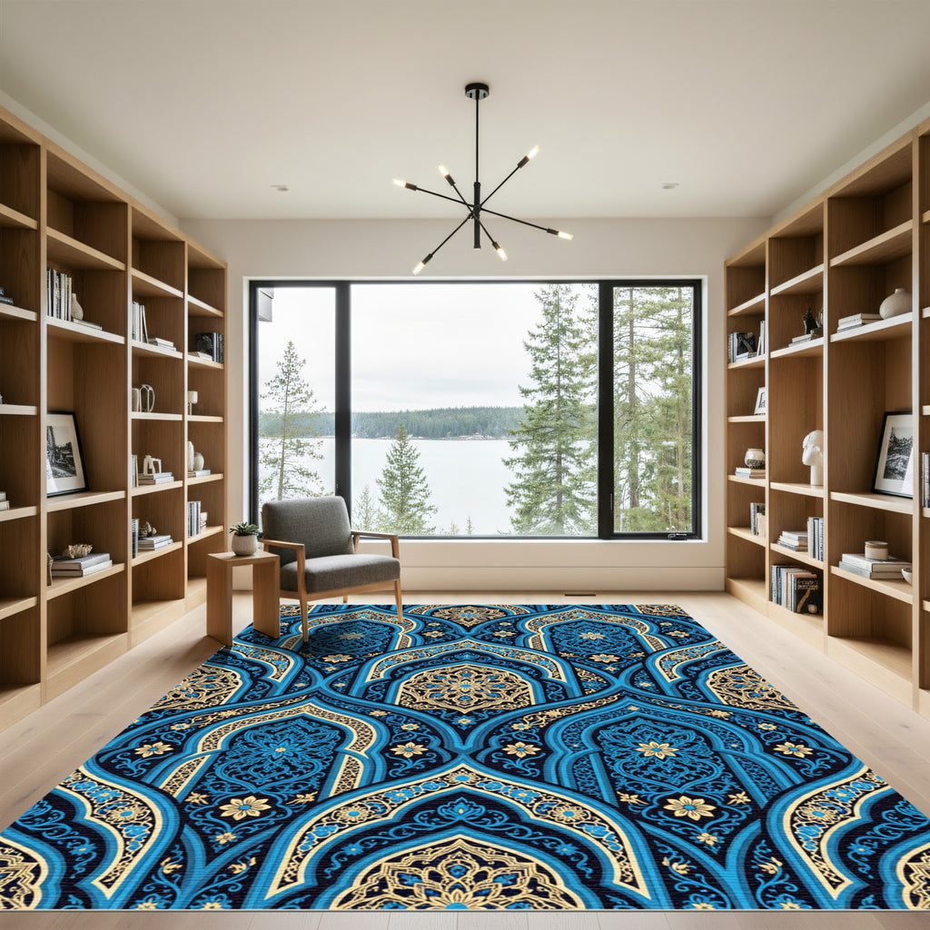 Golden Floral Arch Ornate Blue Tile Rug