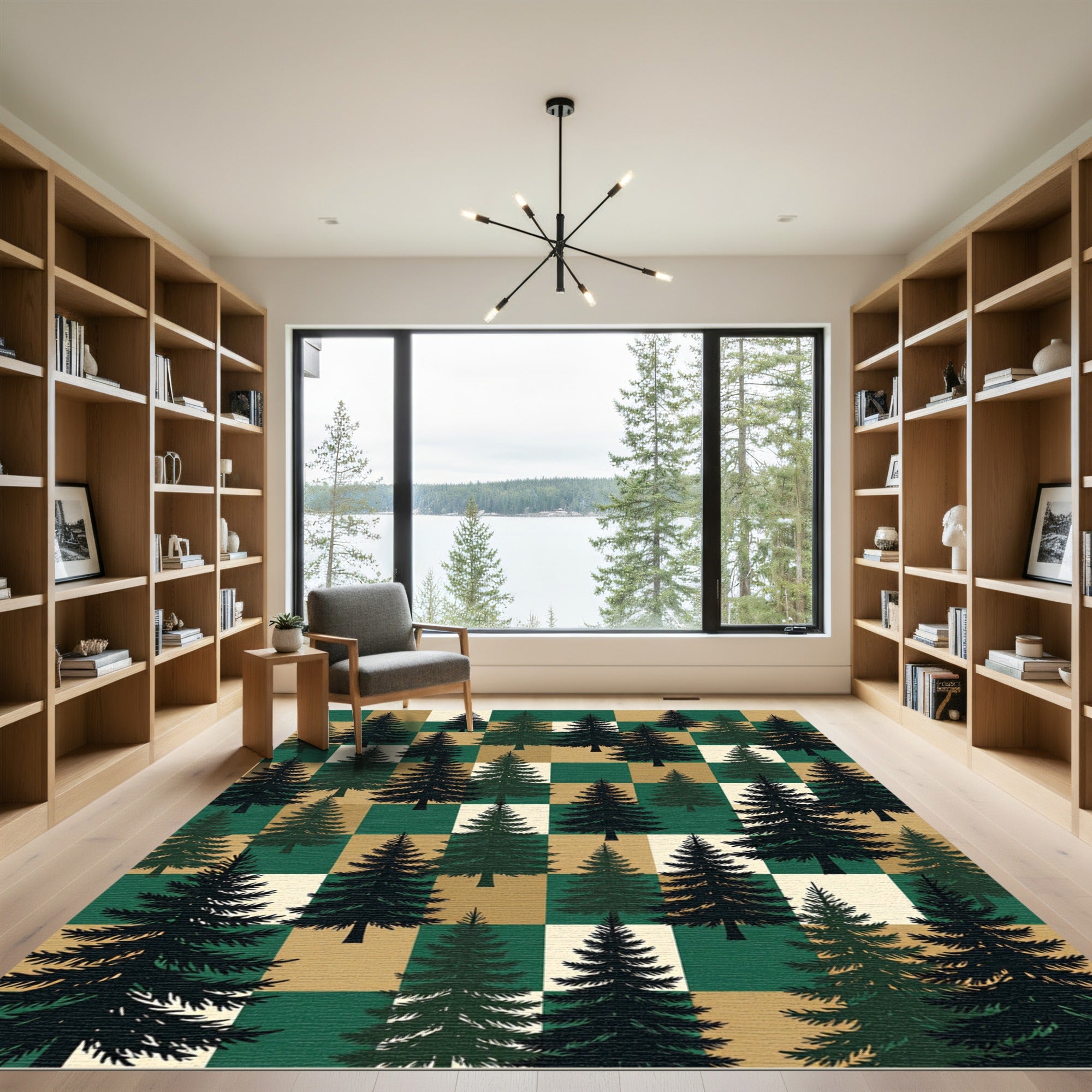 Earthy Forest Pine Checkered Woodland Rug