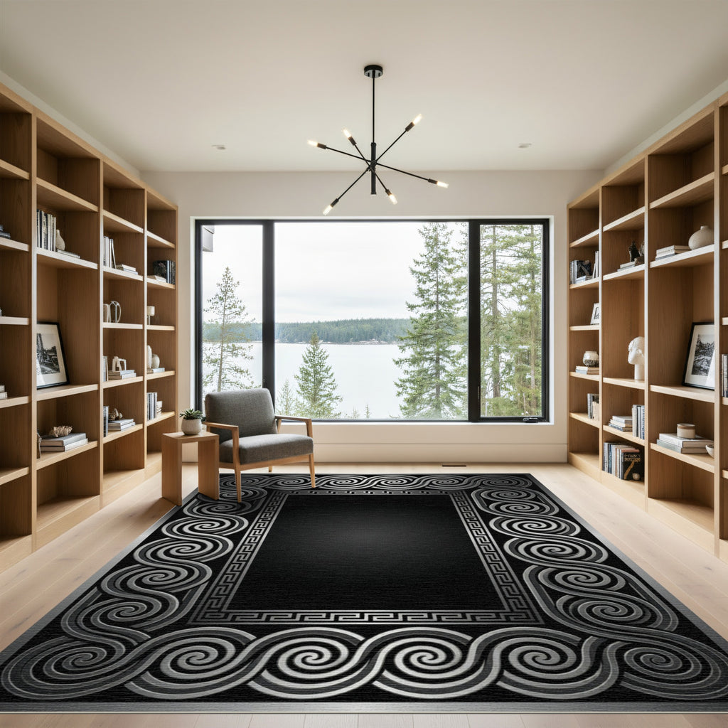 Silver Swirl Greek Key Border Rug