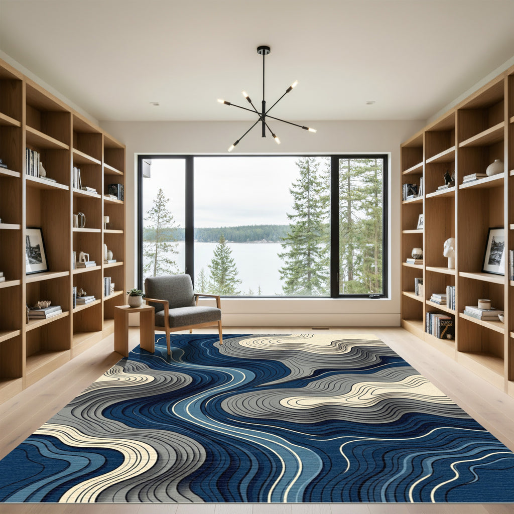 Abstract Fluid Navy and Cream Layers Rug