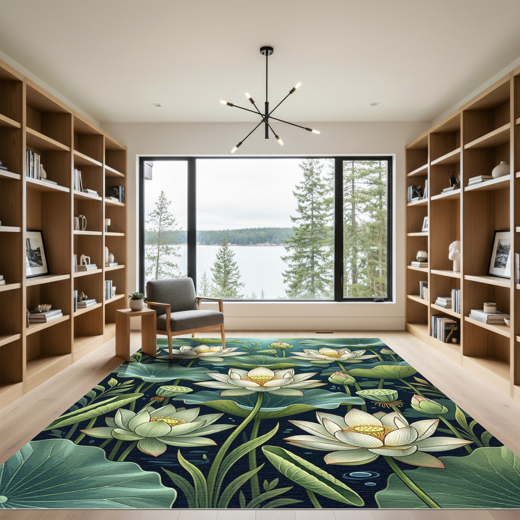 Ethereal White Lotus Pond Botanical Rug