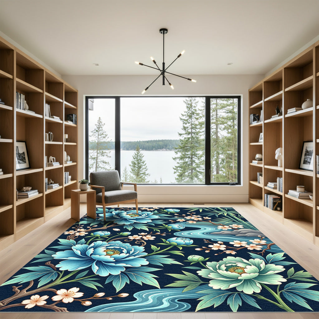 Blue Peony Bamboo Stream Floral Rug