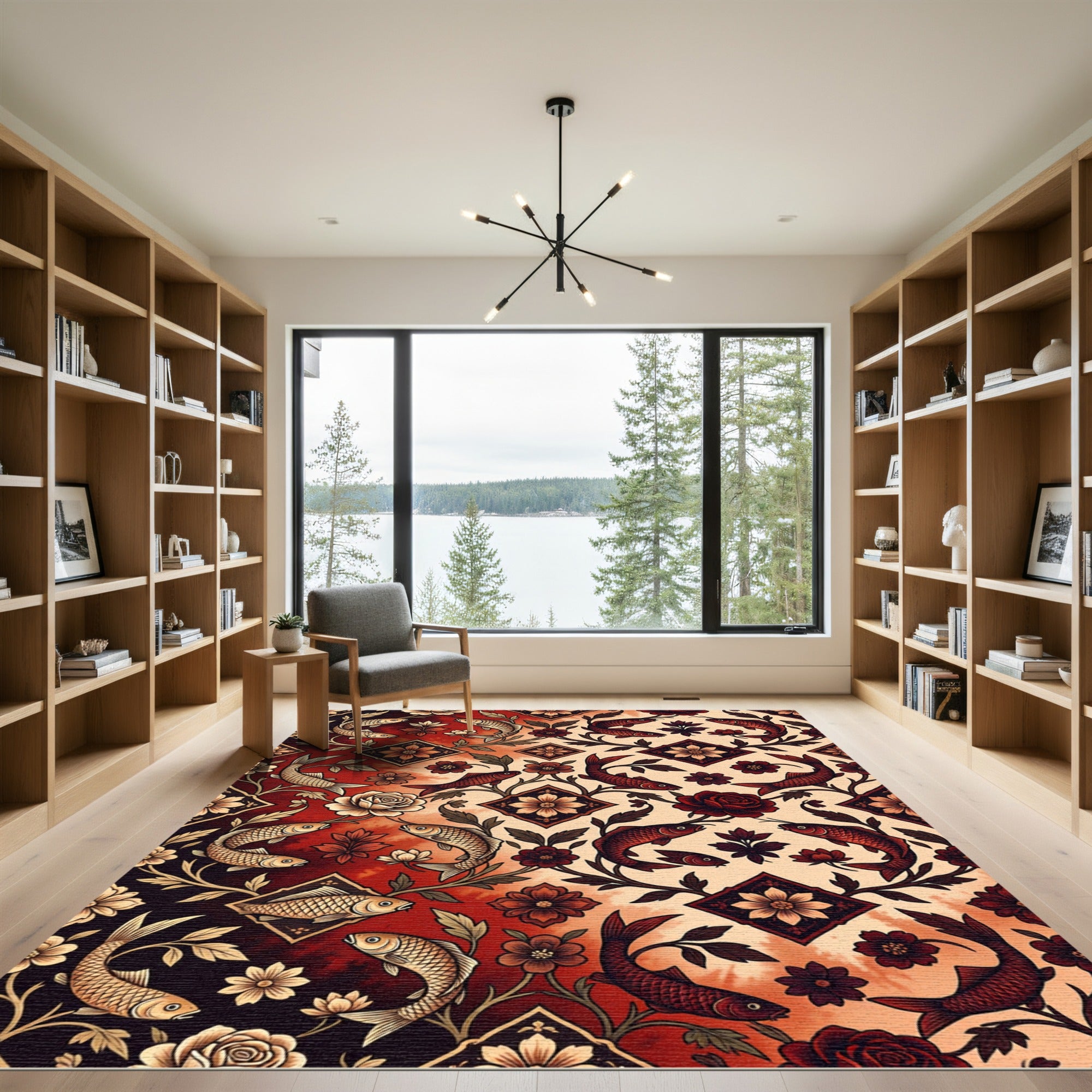 Crimson Gold Koi Floral Medallions Rug