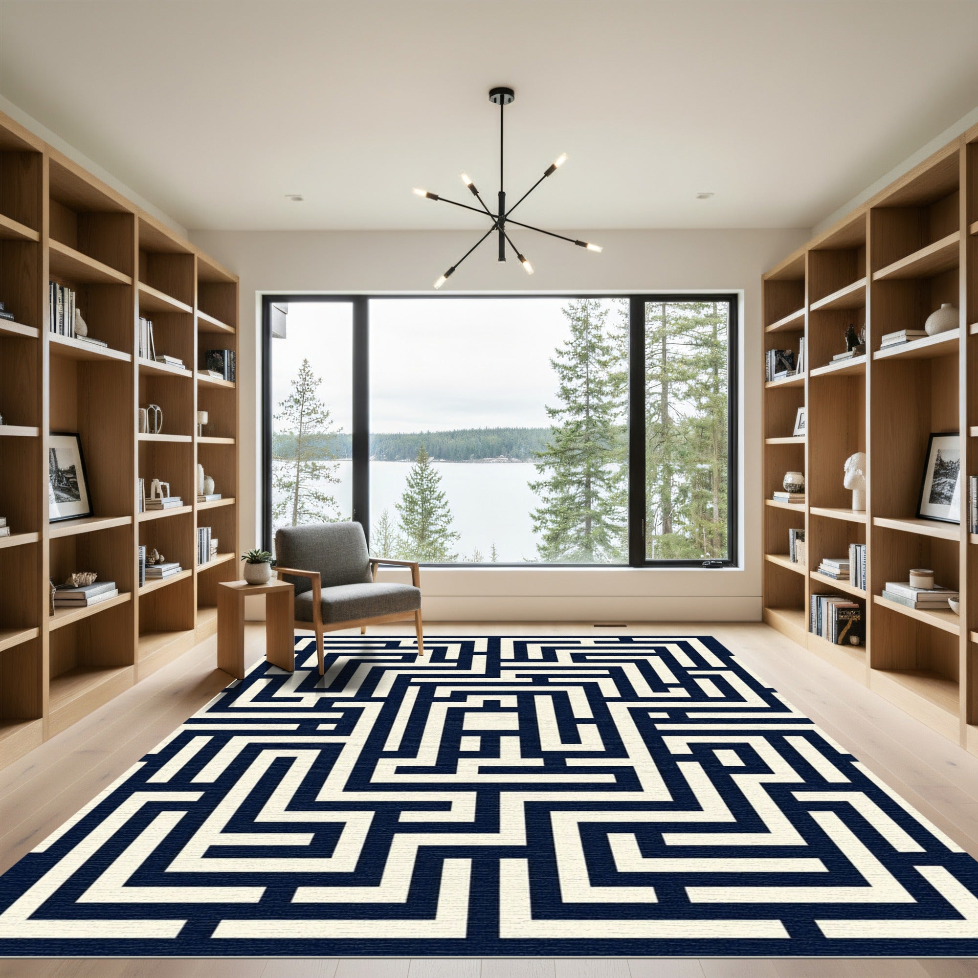 Modern Navy Monochrome Labyrinth Maze Area Rug