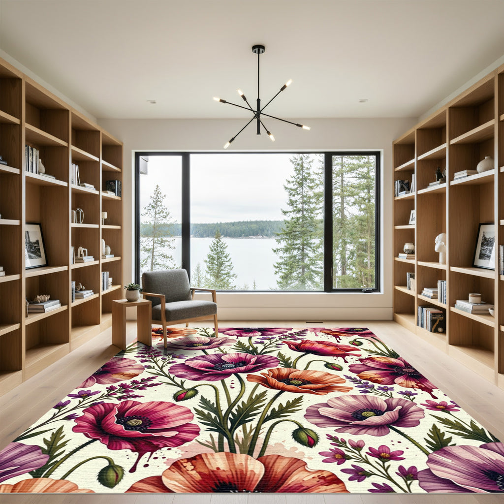Watercolor Poppy and Lavender Botanical Garden Rug