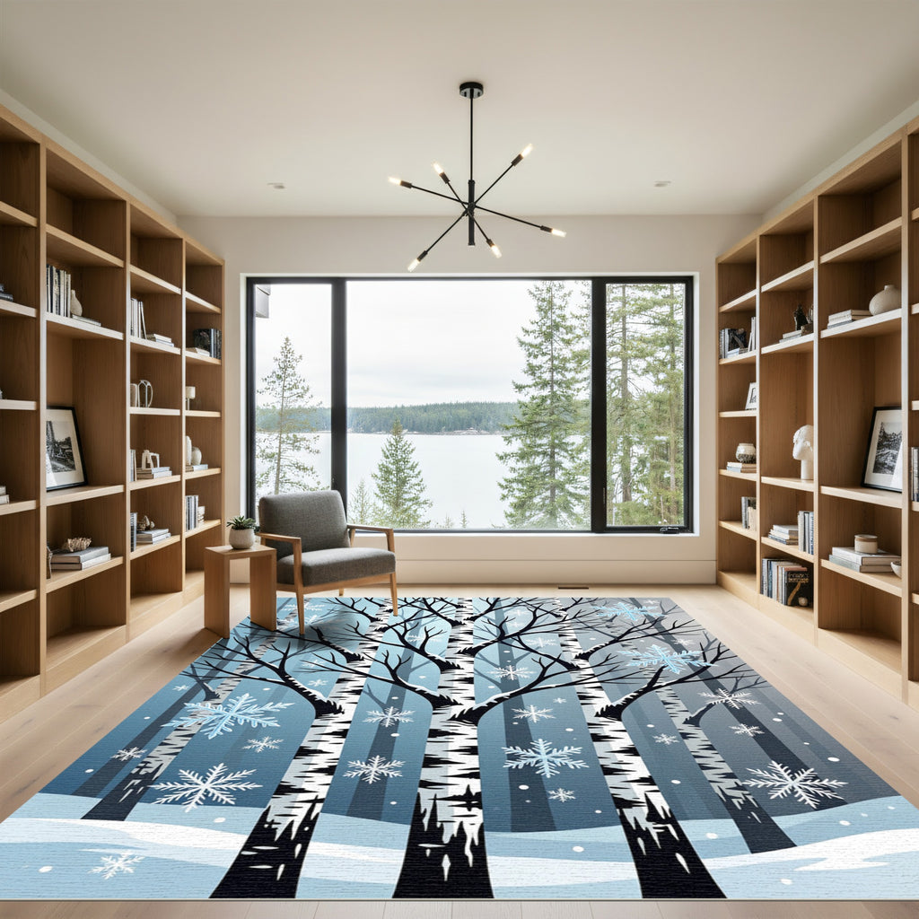 Frosted Birch Forest Winter Snowflake Rug