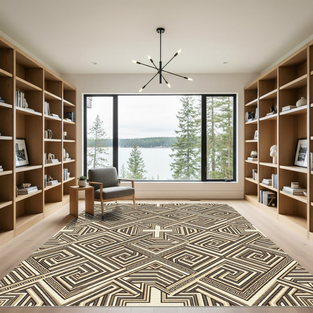 Geometric Neutral Maze Greek Key Rug