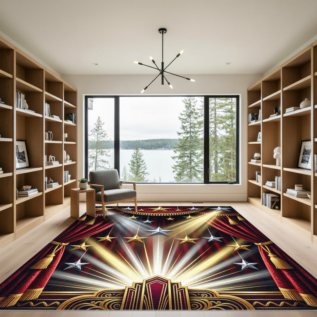 Regal Crimson Velvet Golden Starry Stage Rug