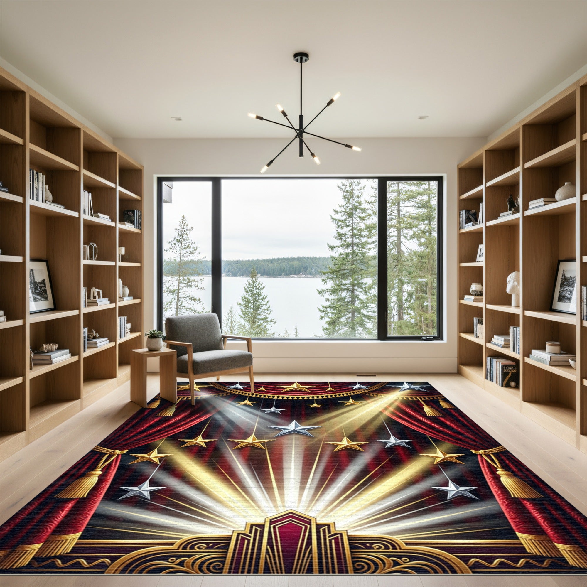 Regal Crimson Velvet Golden Starry Stage Rug