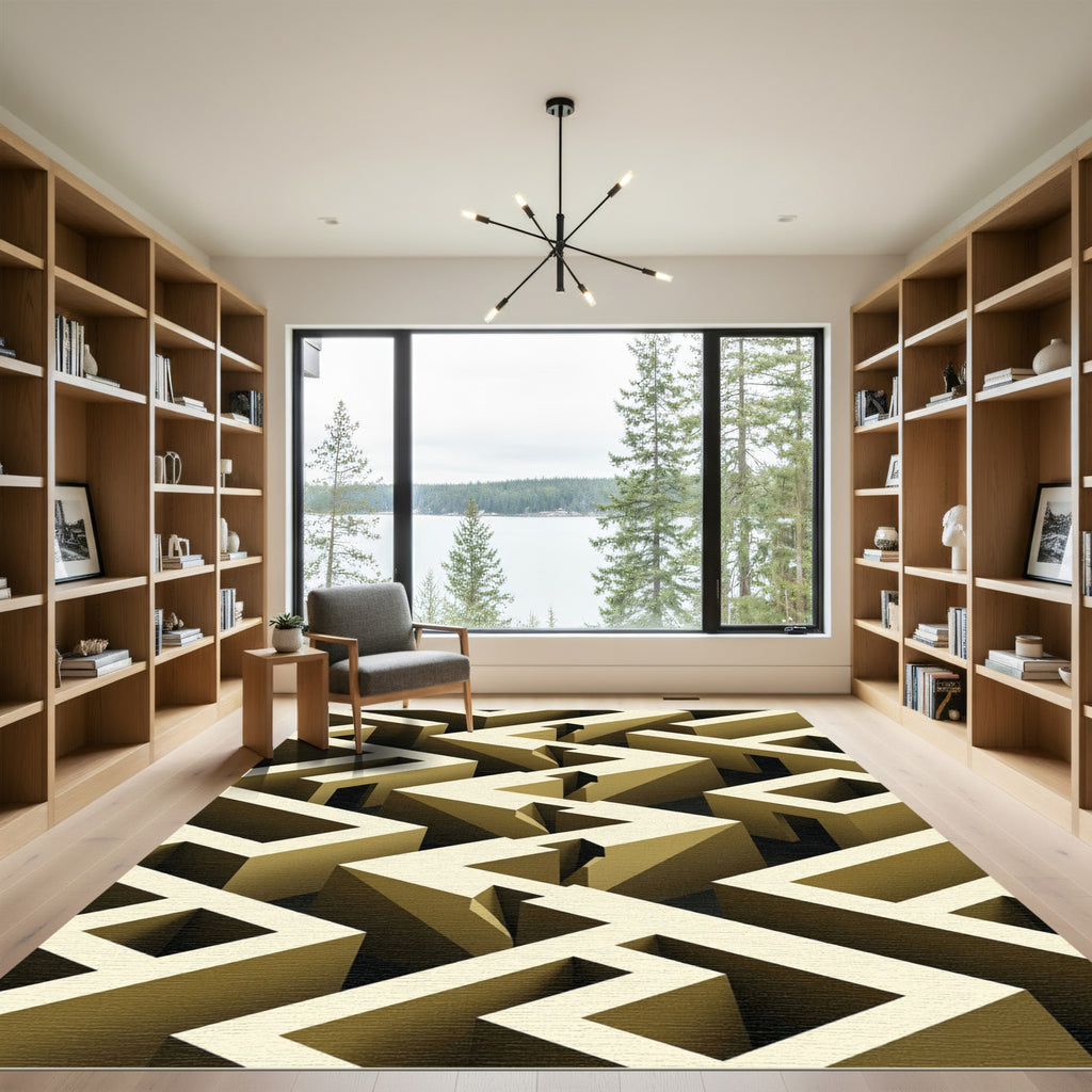 Modern Beige Geometric Isometric Maze Rug