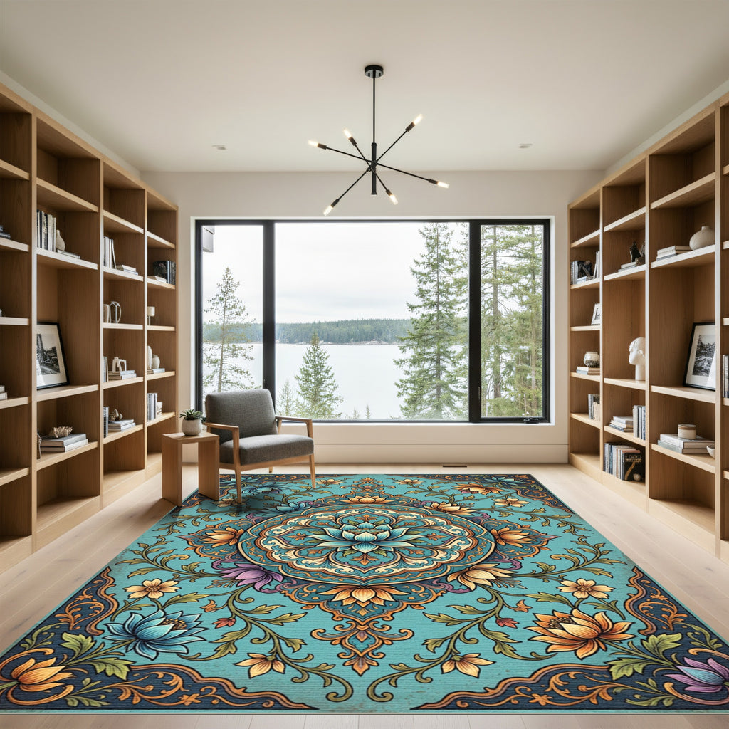 Teal Lotus Medallion Floral Flourish Rug