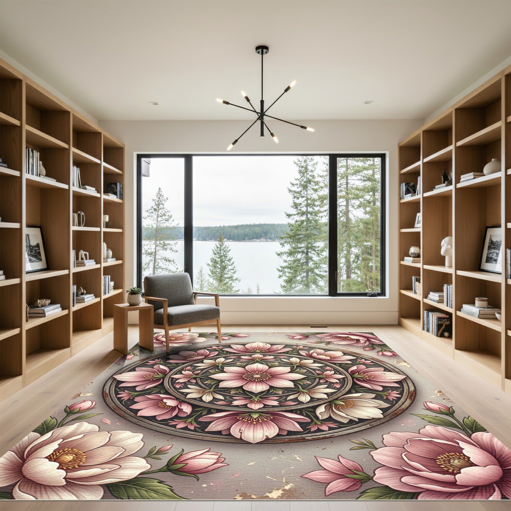 Pink Floral Medallion With Green Leaves Rug