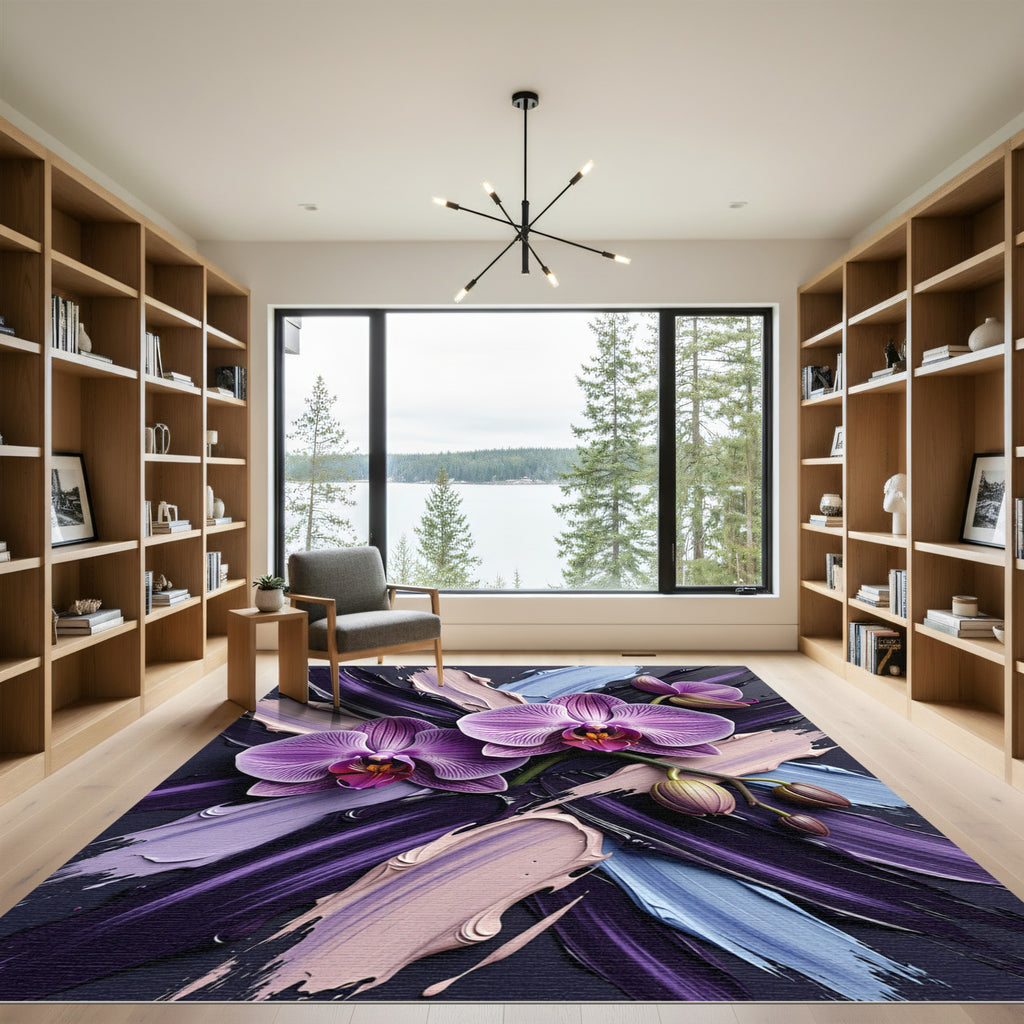 Purple Orchid Abstract Oil Paint Brushstroke Rug