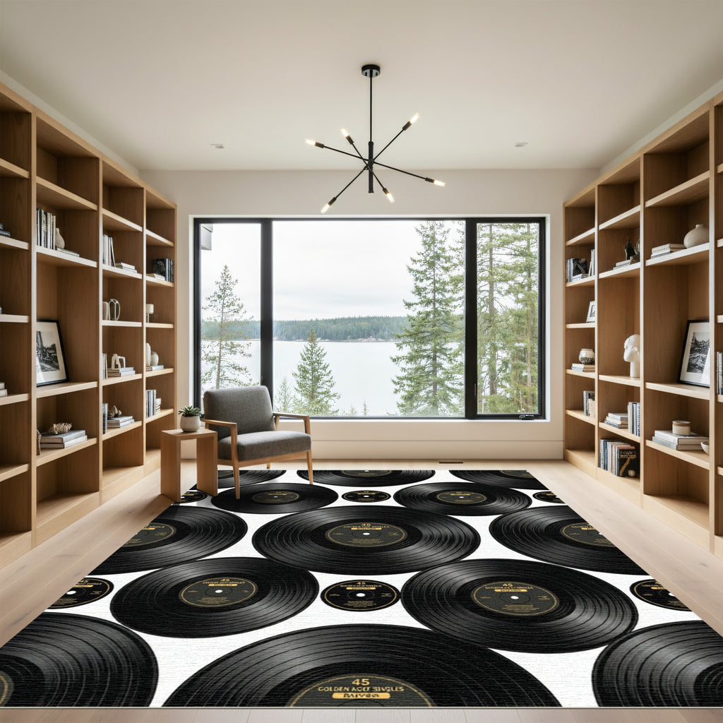 Retro Black Vinyl Record Collage Rug
