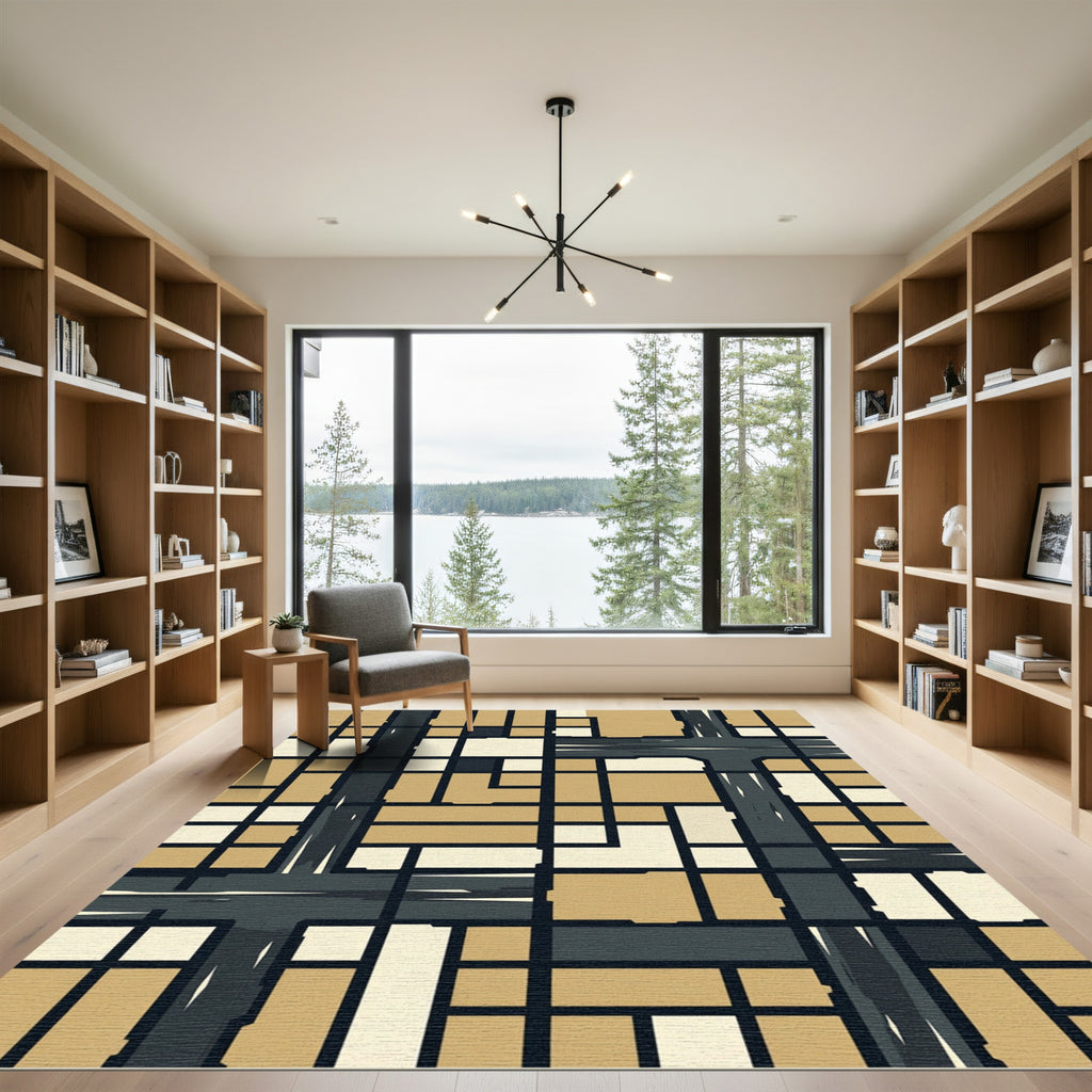Deep Ochre Geometric Grid Rug