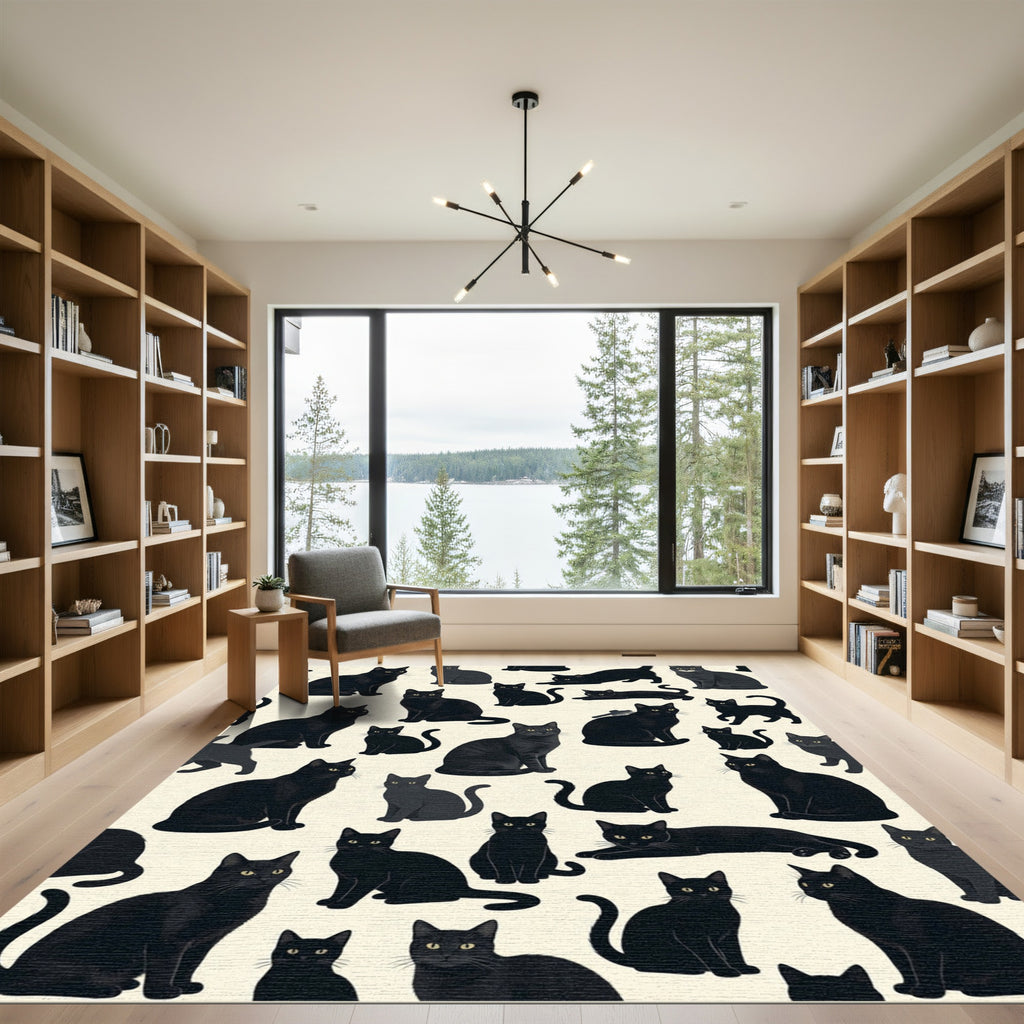 Playful Black Cat Silhouette Illustration Rug
