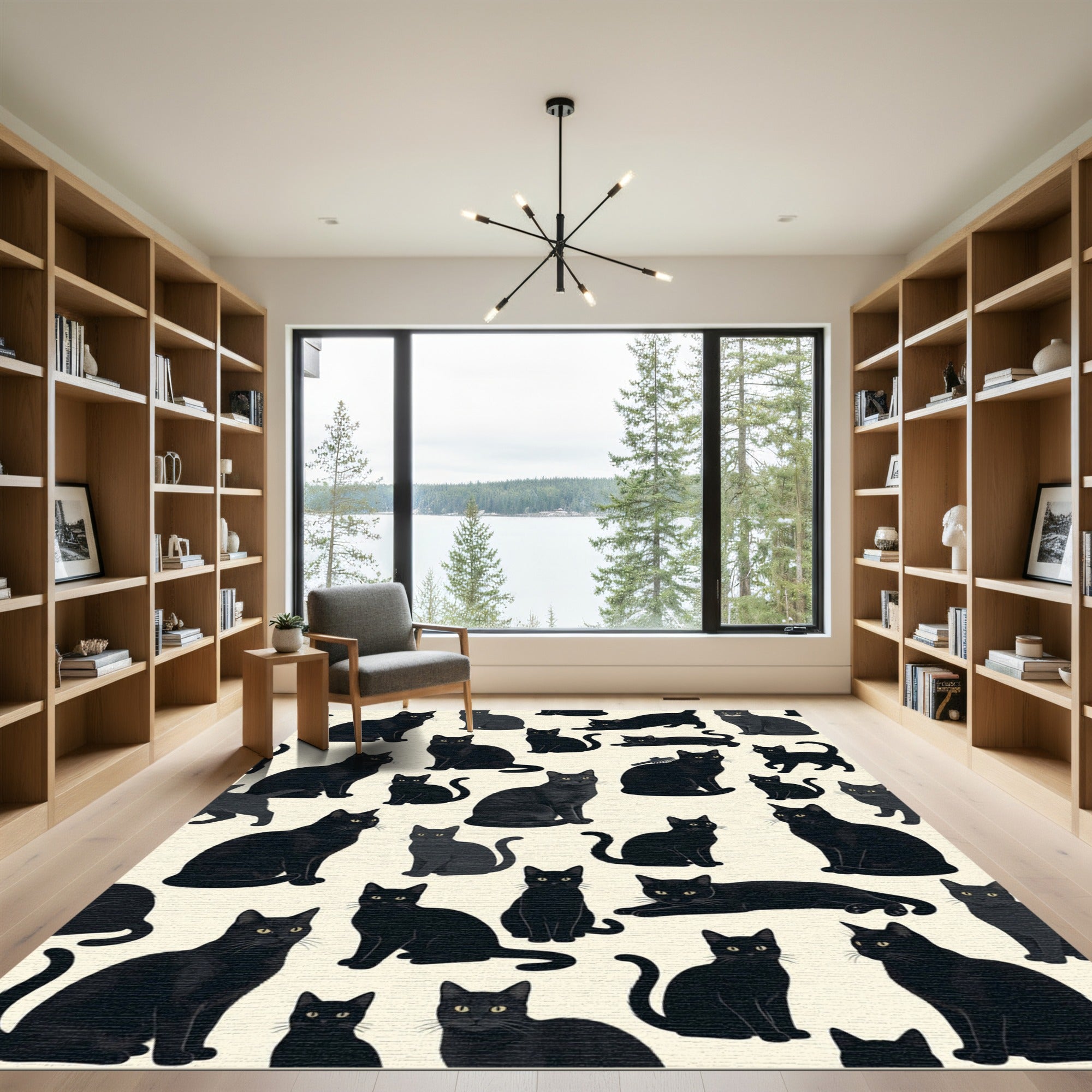 Playful Black Cat Silhouette Illustration Rug