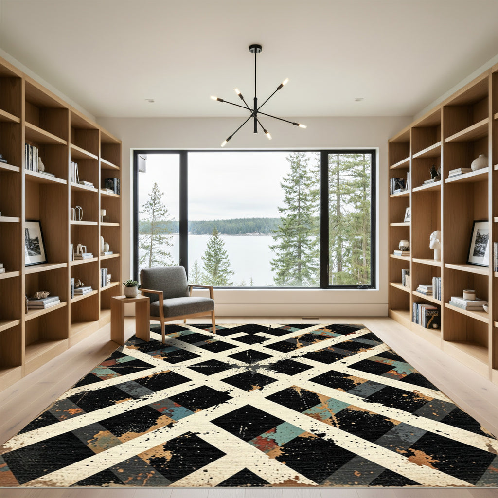 Distressed White Lattice Black Squares Rug